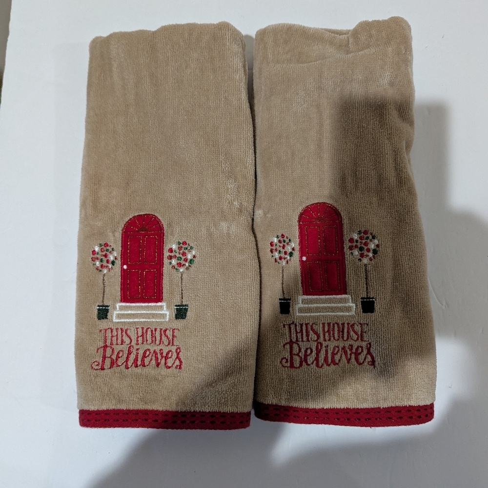 Decorative Tan Hand Towels with Red Door Design. 1 Pr. ( This House Believes).